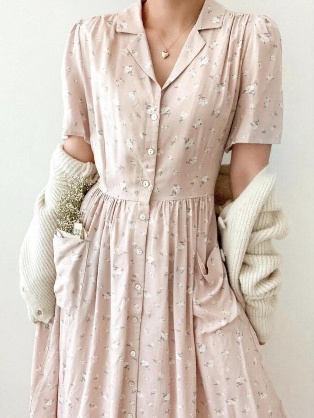 Calista Pink Floral Dress Size Small Midi Homestead Cottage Core Pockets